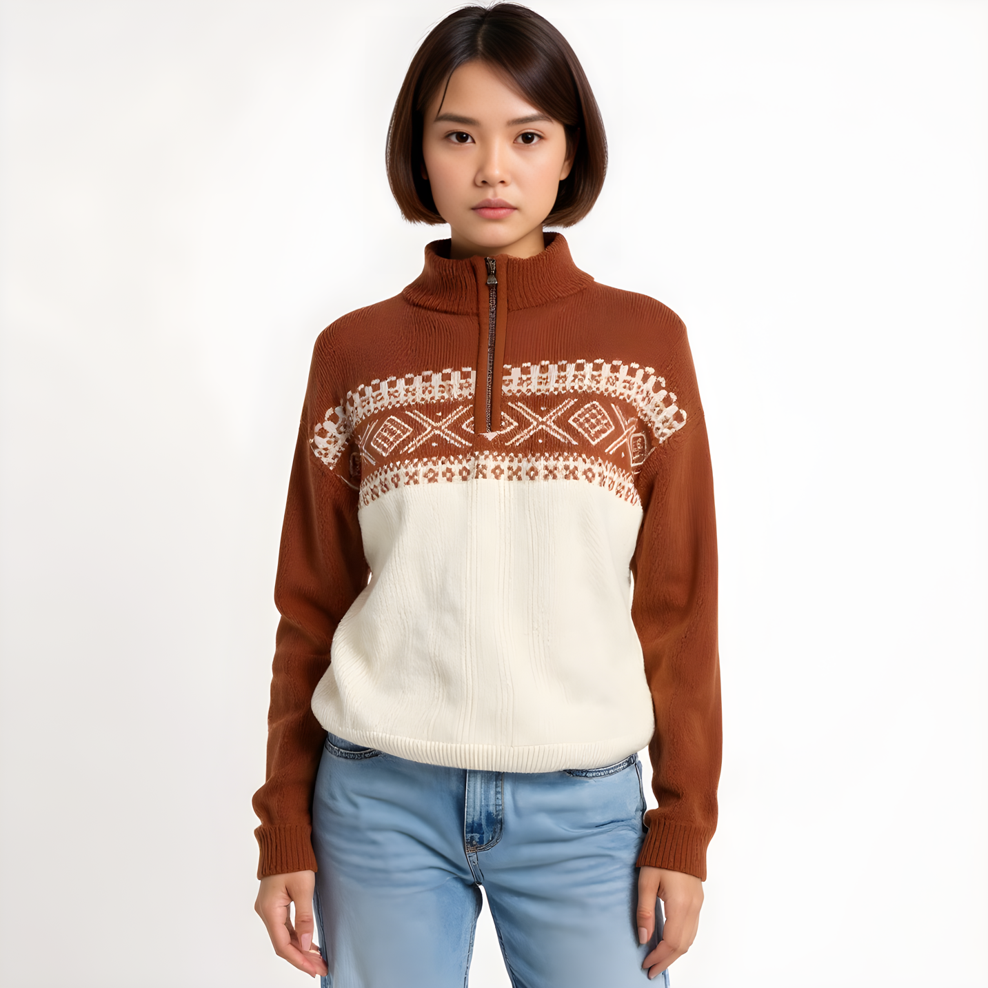 Orange Jacquard and Dark Blue Ski Sweater